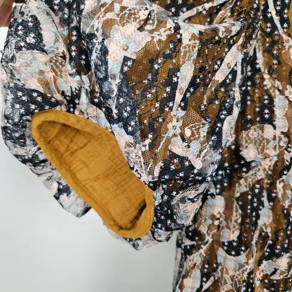 The Korner Lace Floral Puff Sleeve Mini Dress Sz M Mustard Navy Shift Tunic Top - Picture 3 of 9